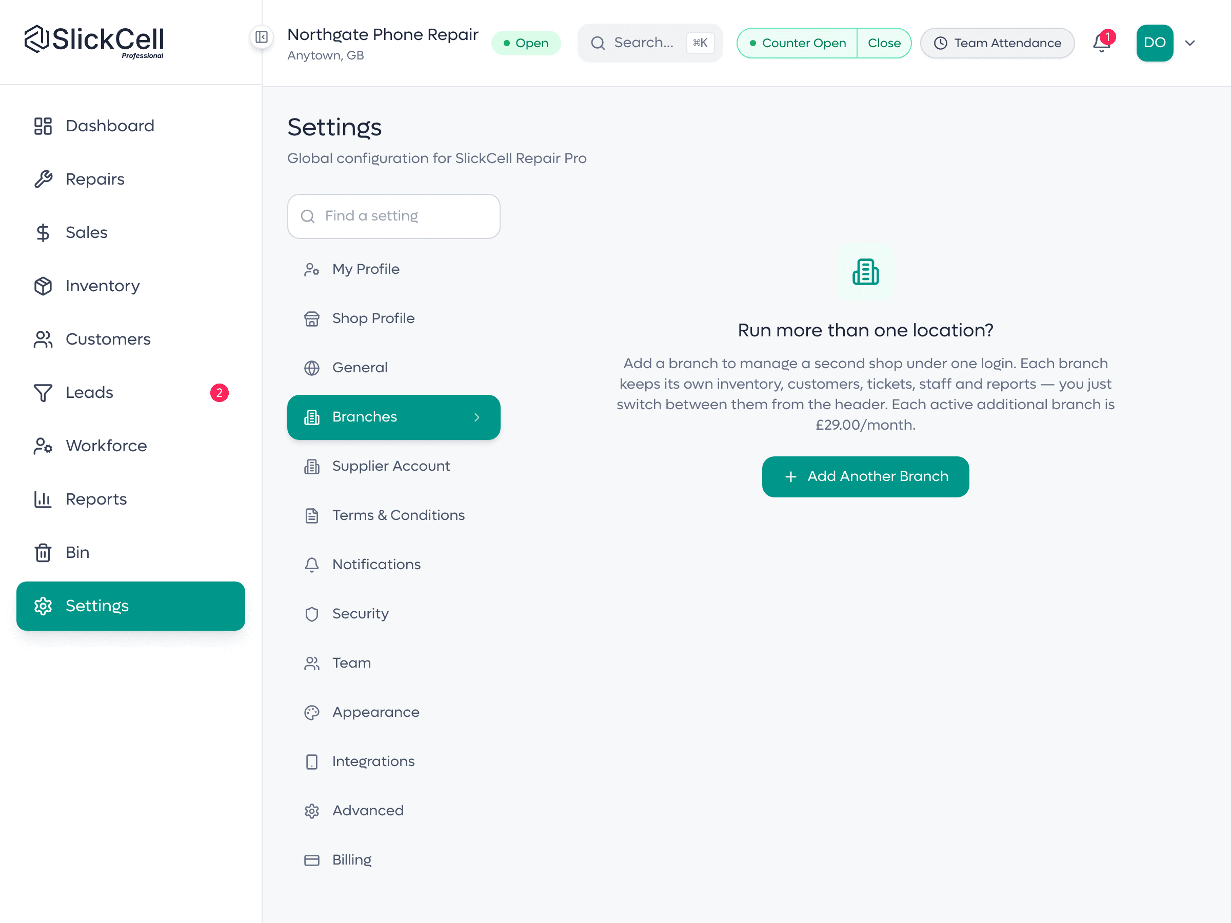 The SlickCell branch settings, showing more than one shop under a single login.