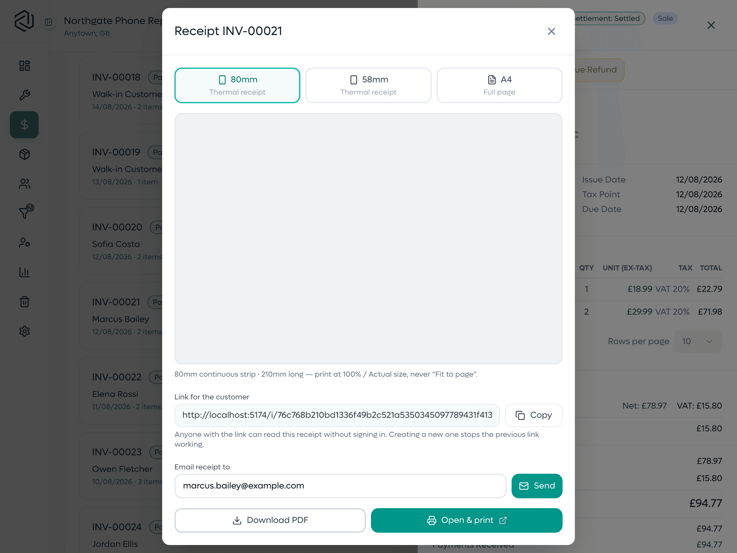 The document actions for a paid invoice: the format to print, the address to email it to, and a link that lets the customer read it without an account.