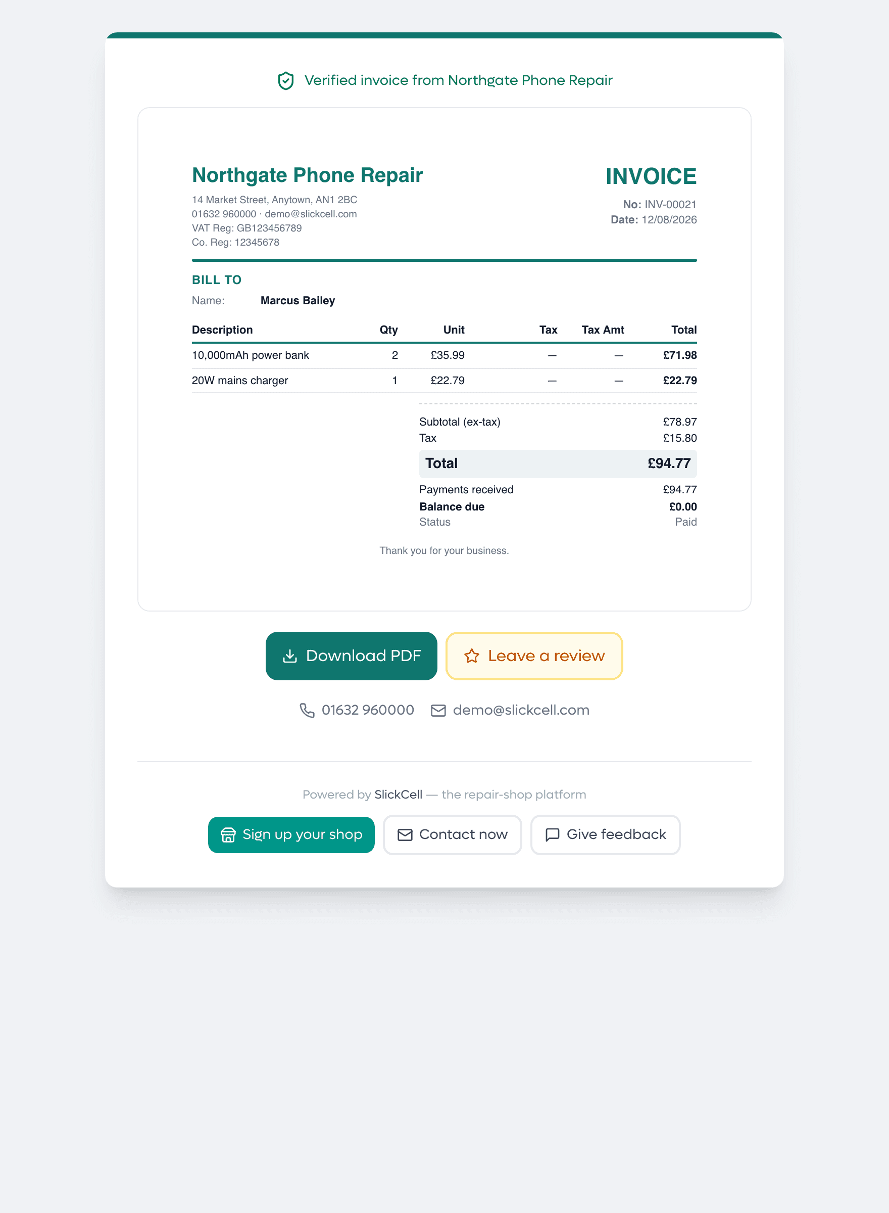 The invoice a SlickCell customer receives: the shop's details and tax numbers, each line with its quantity and tax, the total, what has been paid and the balance left.