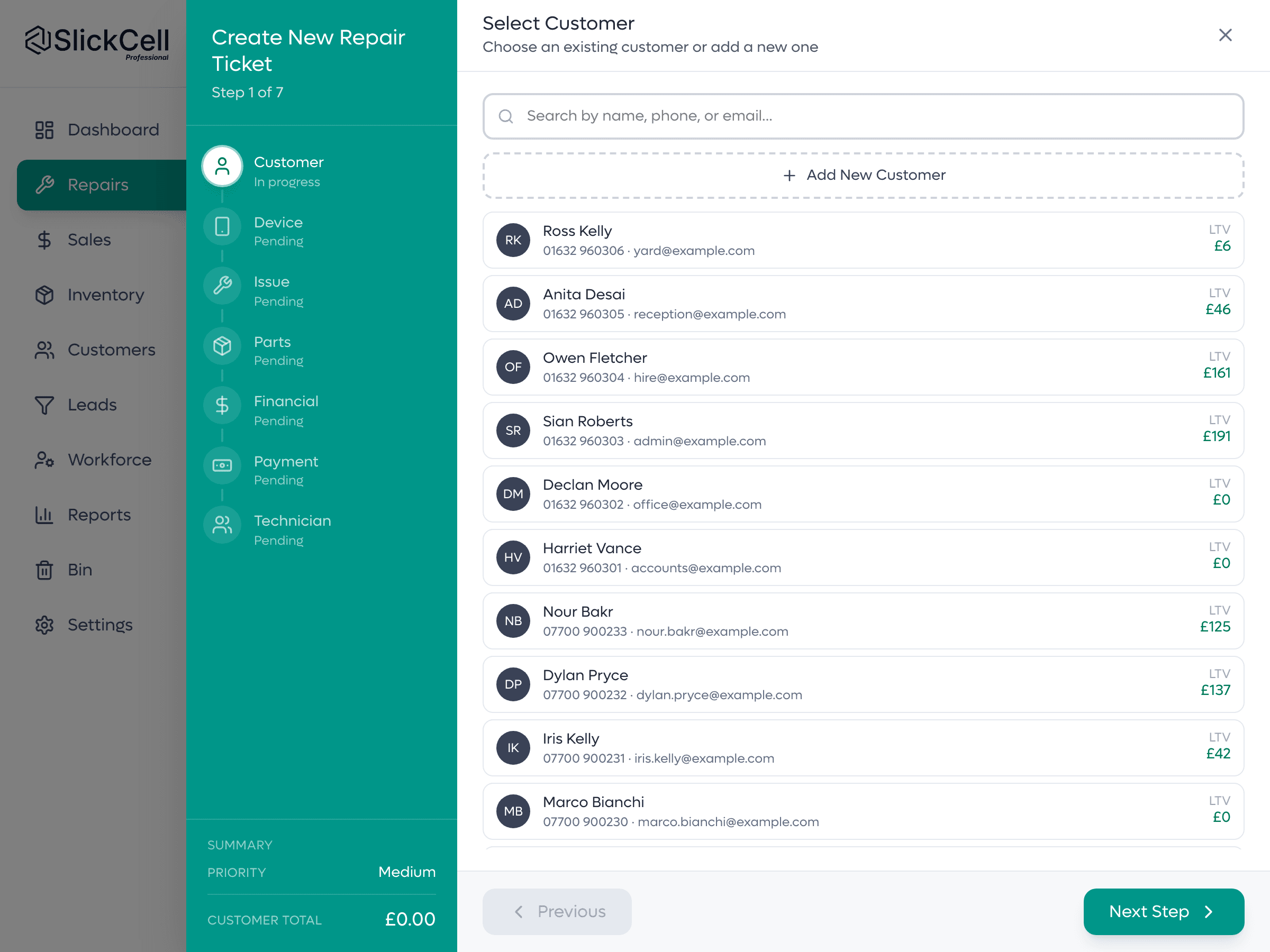 The new repair ticket panel on its first step, searching for a customer.