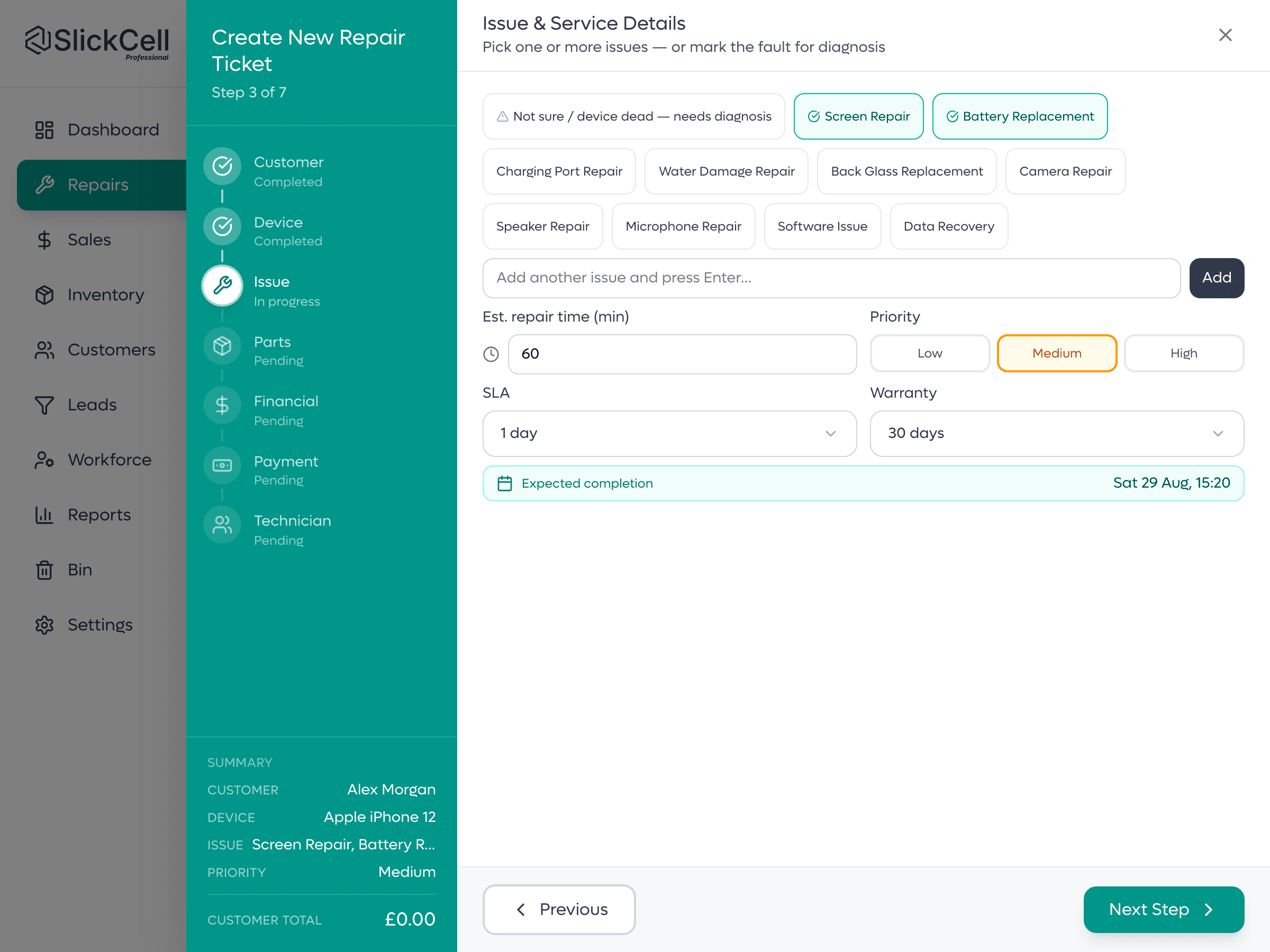 Step three of a new ticket: the fault list with two issues ticked, priority and promised time.