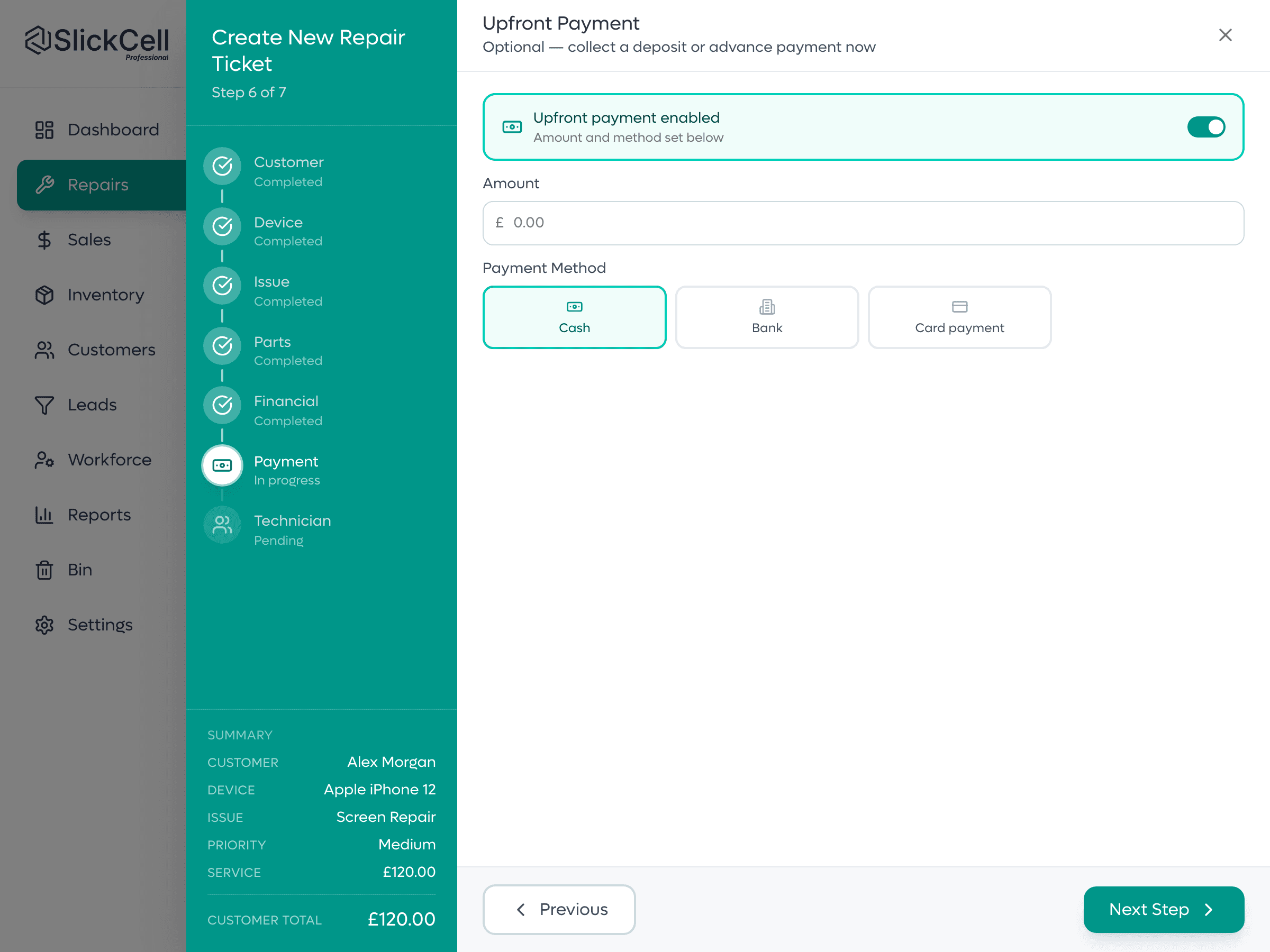 Step six of a new ticket: an upfront deposit amount and the payment method.
