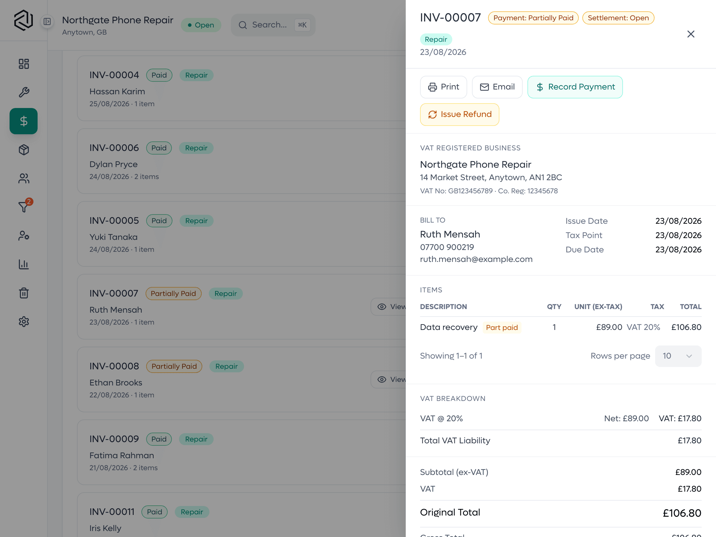 A SlickCell invoice showing what has been paid, what is still due, and the payments that make up the difference.