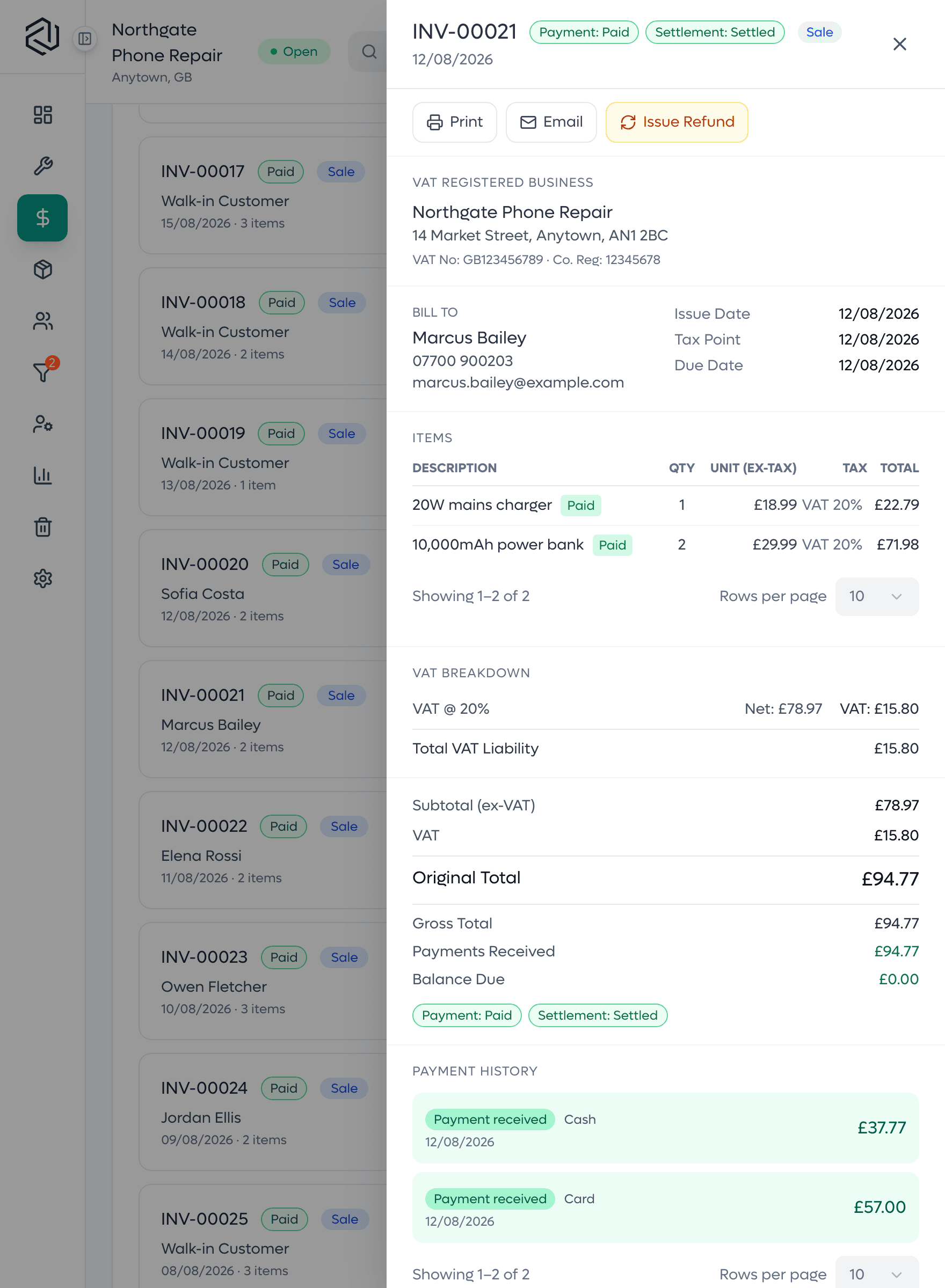 A settled SlickCell invoice: each line with its quantity, unit price and tax, the net and VAT totals, and the payments received against it.