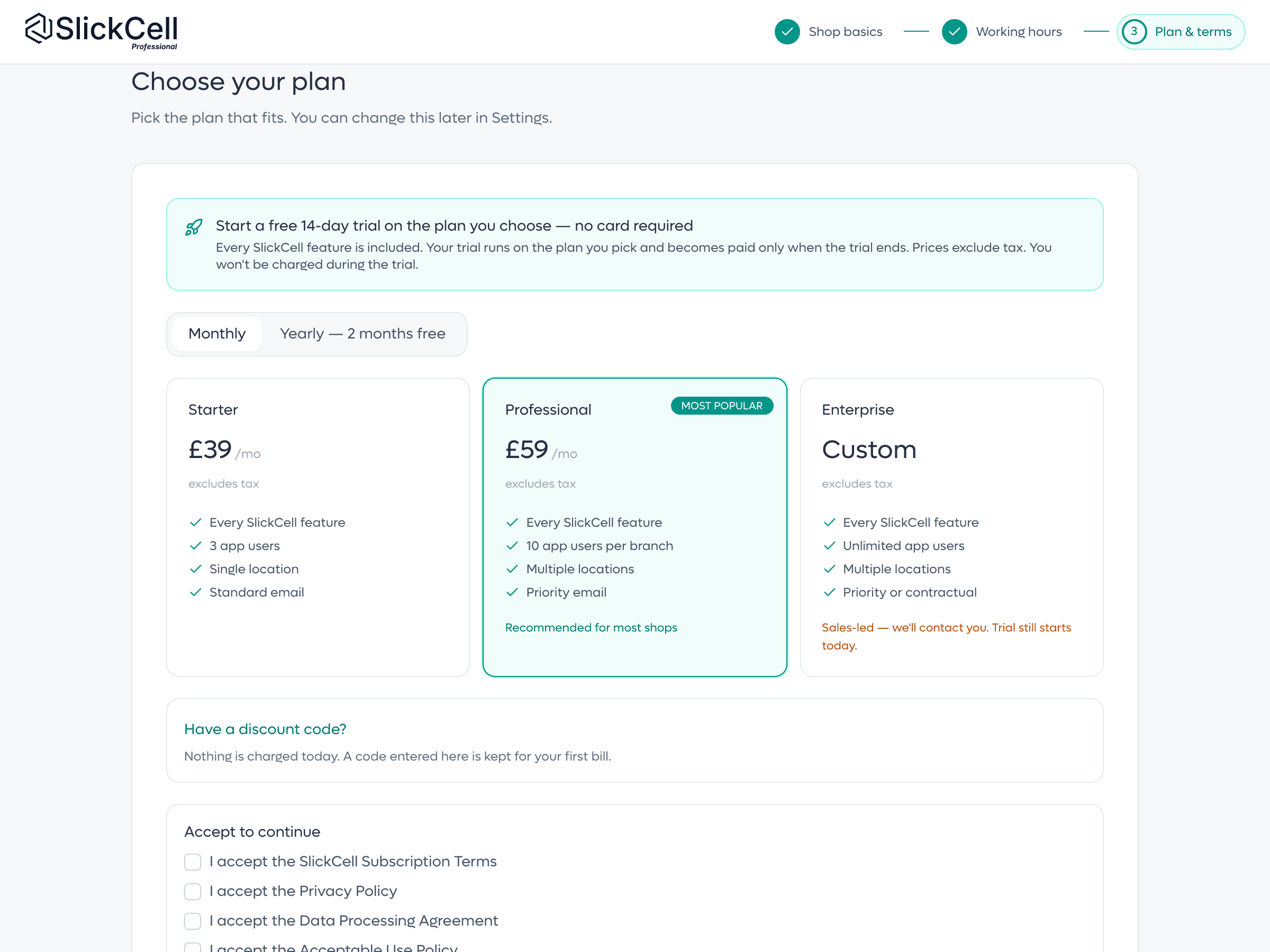 Onboarding step three: the plan cards with Professional selected and the terms to accept.