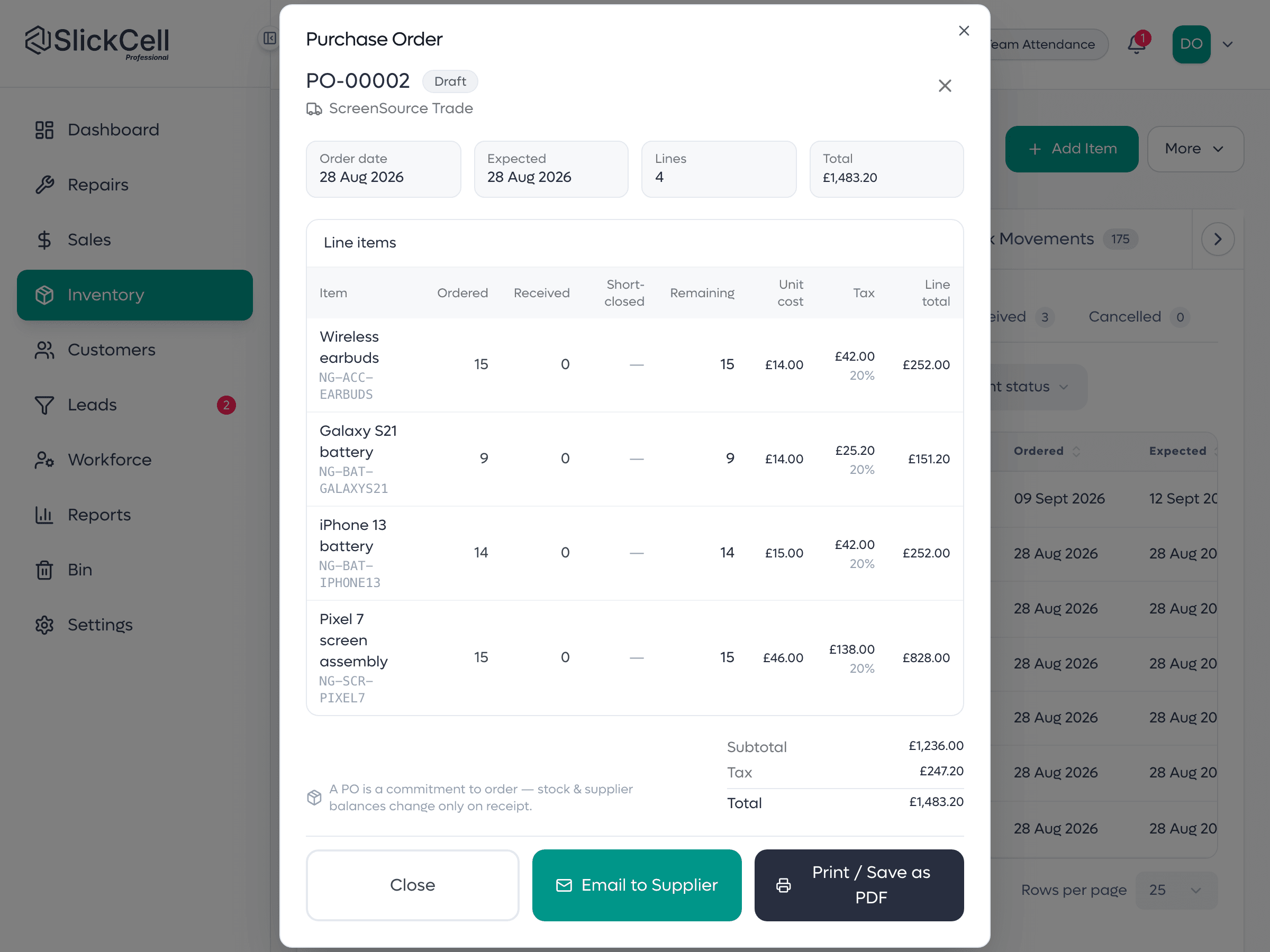 A draft SlickCell purchase order showing the supplier, the ordered lines with their unit costs and the order total, before it is sent.