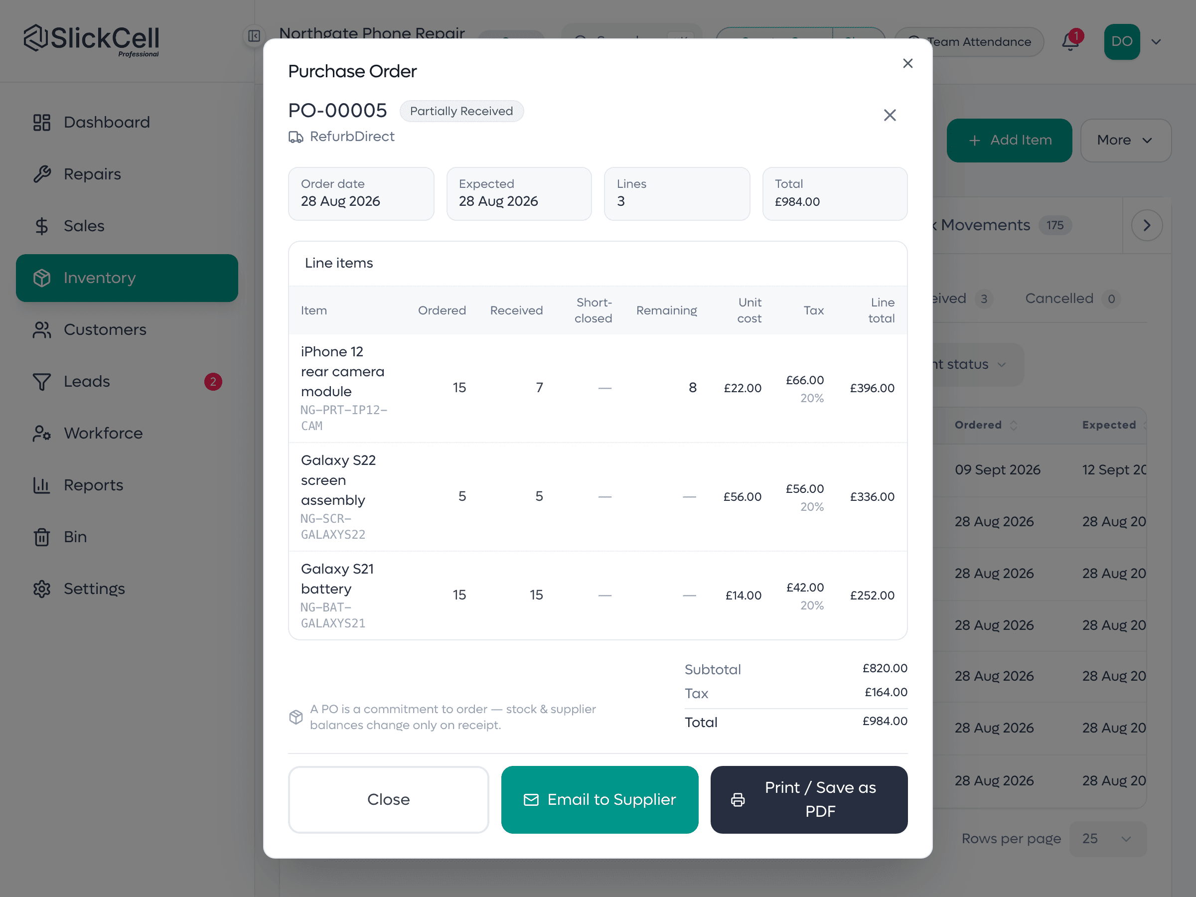 A SlickCell purchase order showing ordered against received quantities per line, with its supplier and status.