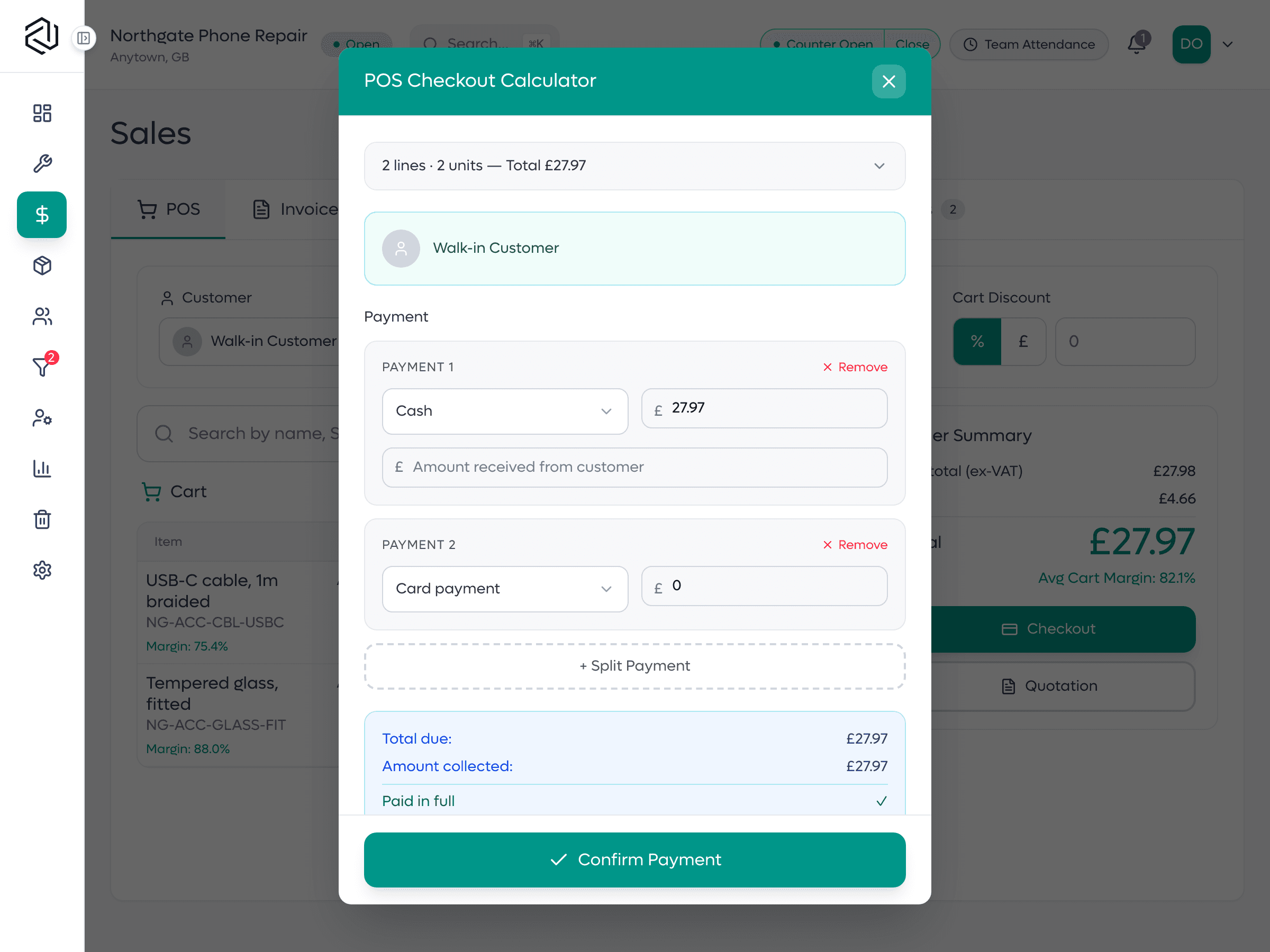A SlickCell checkout settling one sale across two payment methods, with the amount received, the balance due and the change.