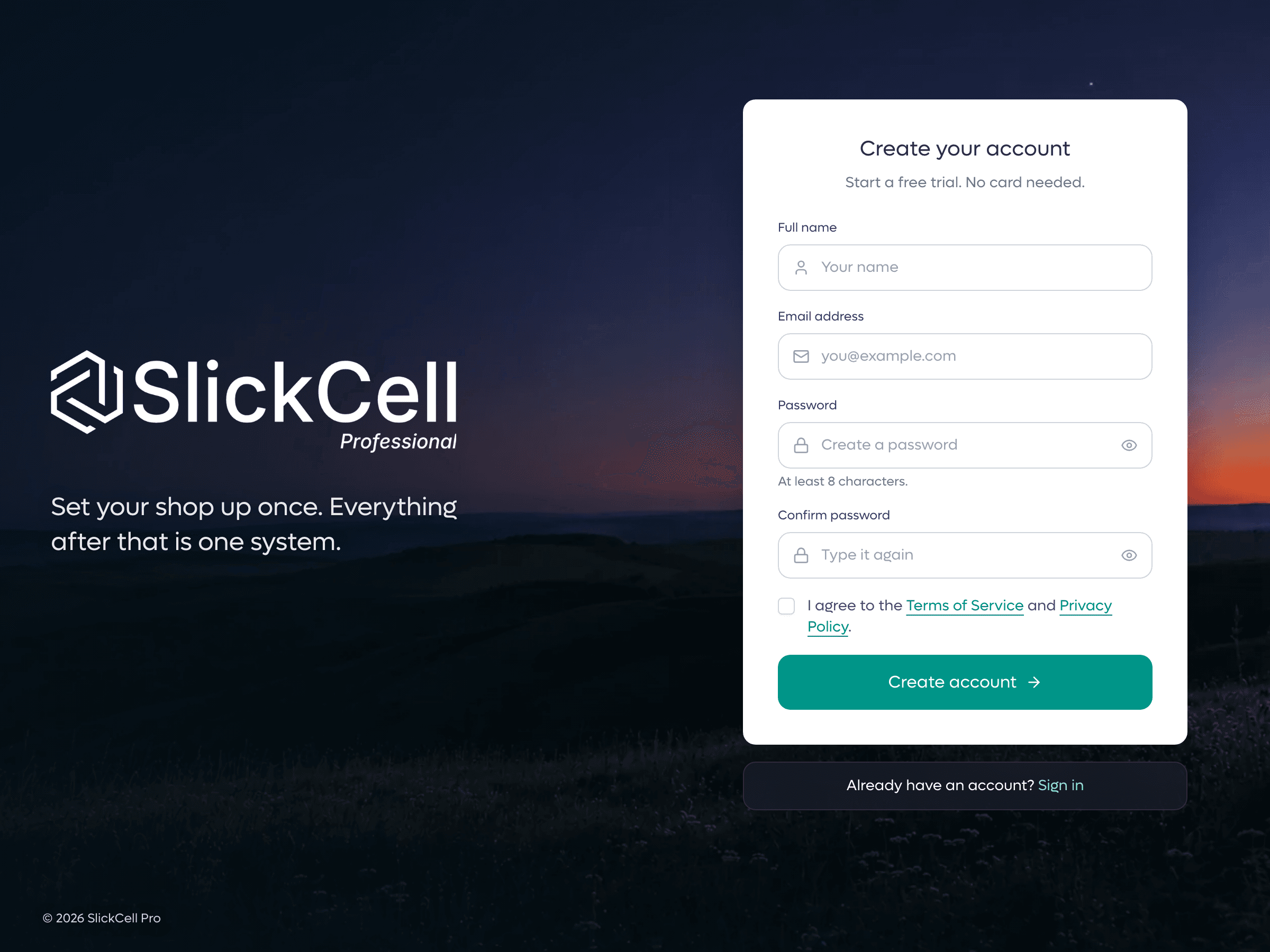 The SlickCell sign-up form: name, email and password, with a free trial and no card required.