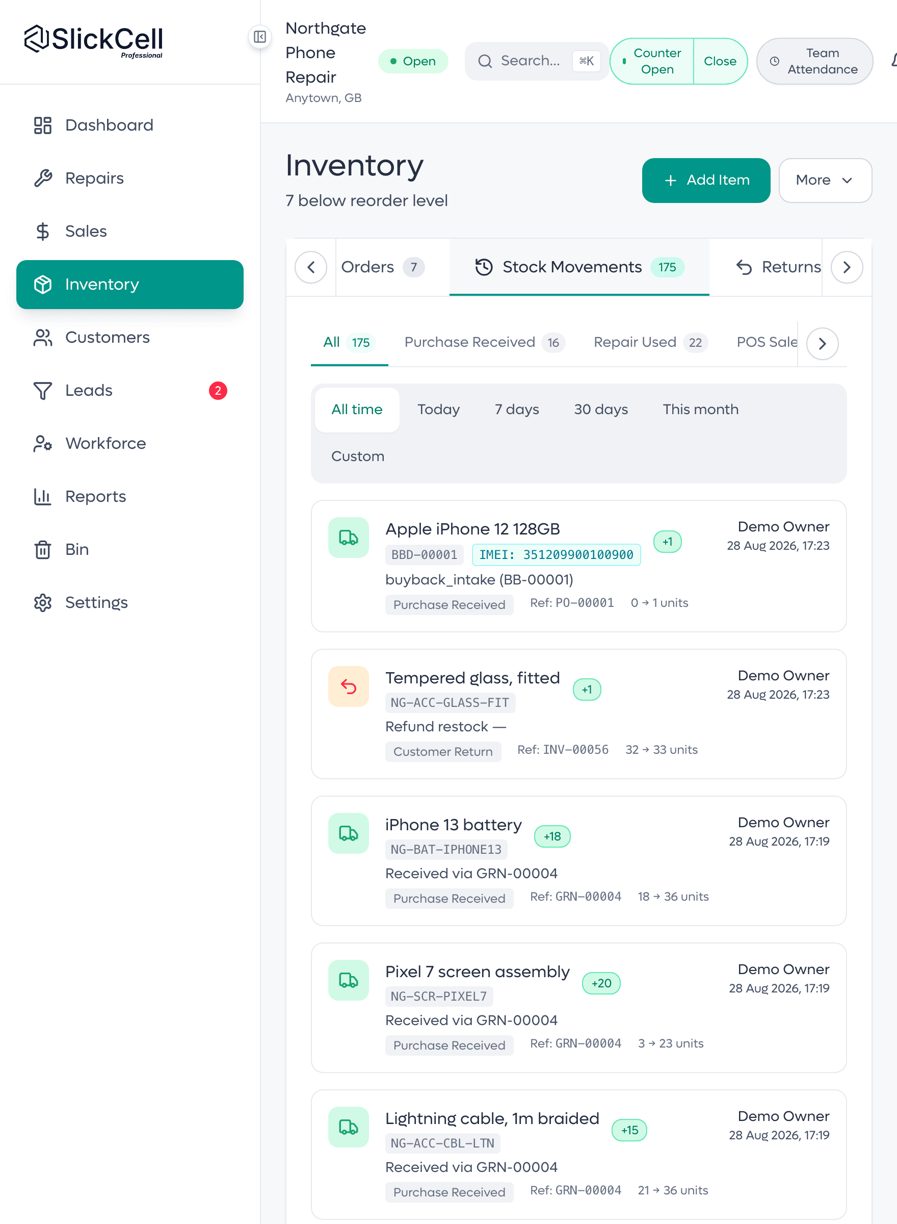 The SlickCell stock ledger: every movement in and out with the document that caused it: purchases received, repairs, POS sales and adjustments.