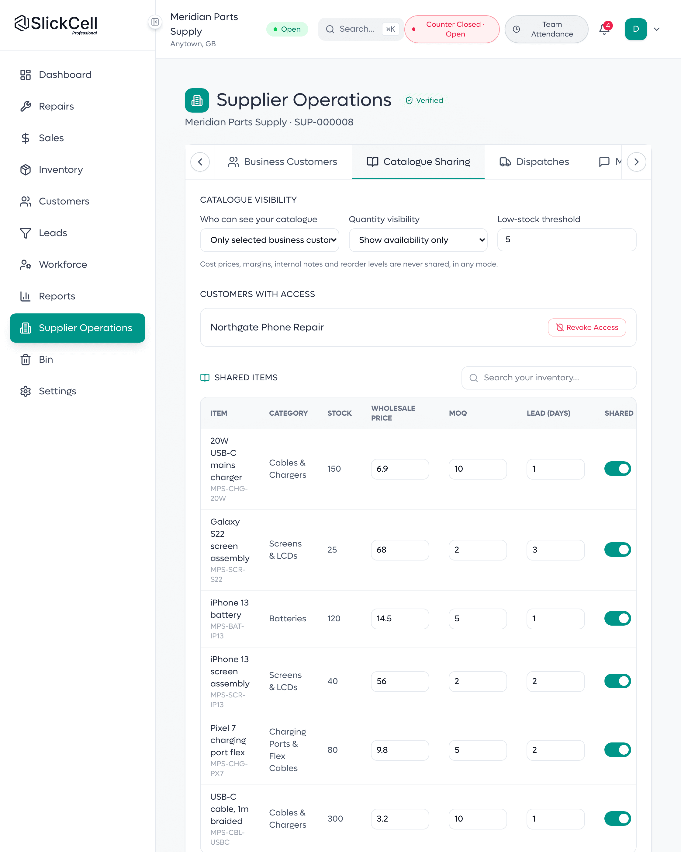 A supplier's catalogue sharing controls: who may see it, how much of the stock figure they see, the customers with access, and each shared item with its wholesale price, minimum order and lead time.