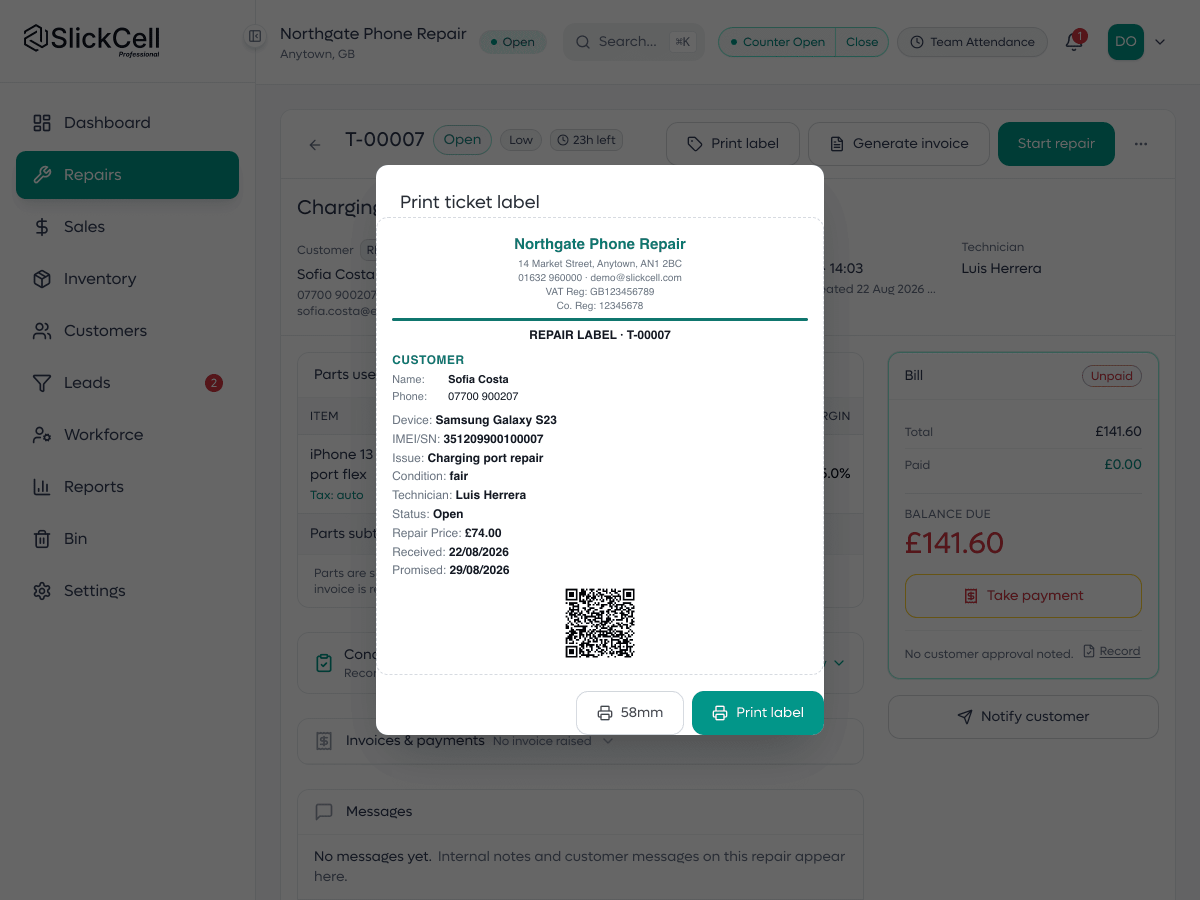 The SlickCell print dialog showing a repair ticket preview with its QR code, and the choice of A4, 80mm, 58mm or label.